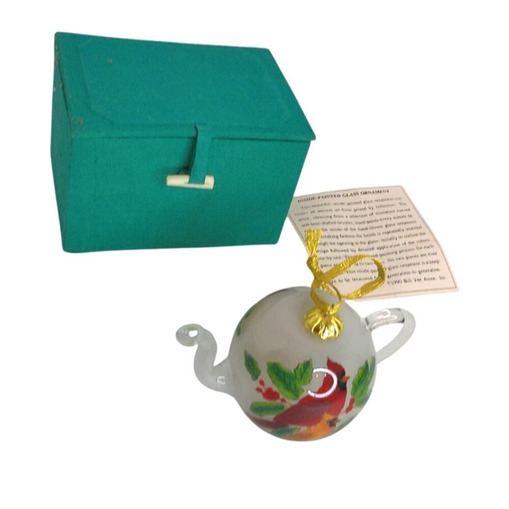 Vintage 1998 Studio Nova Cardinals on Teapot Glass Christmas Ornament